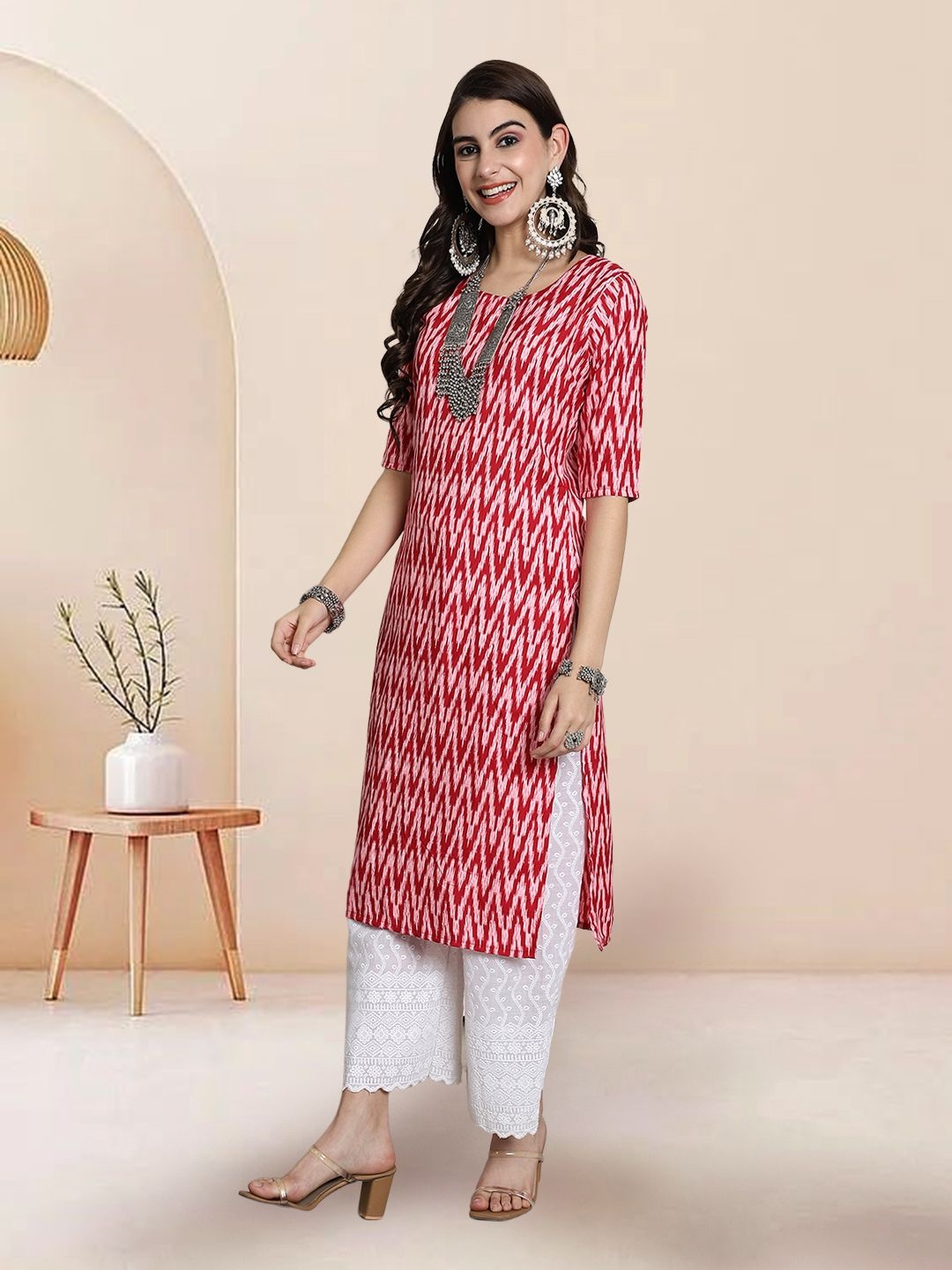 

7Threads Selection Of 3 Chevron Printed Straight Kurtas, Red