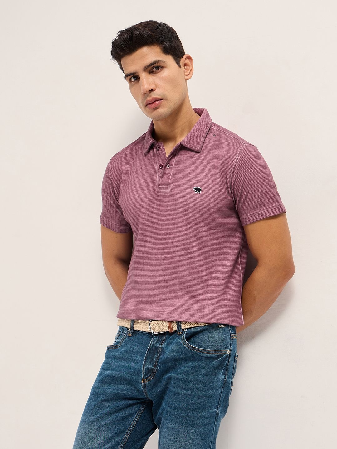 

THE BEAR HOUSE Men Self Design Polo Collar Cotton Slim Fit T-shirt, Mauve