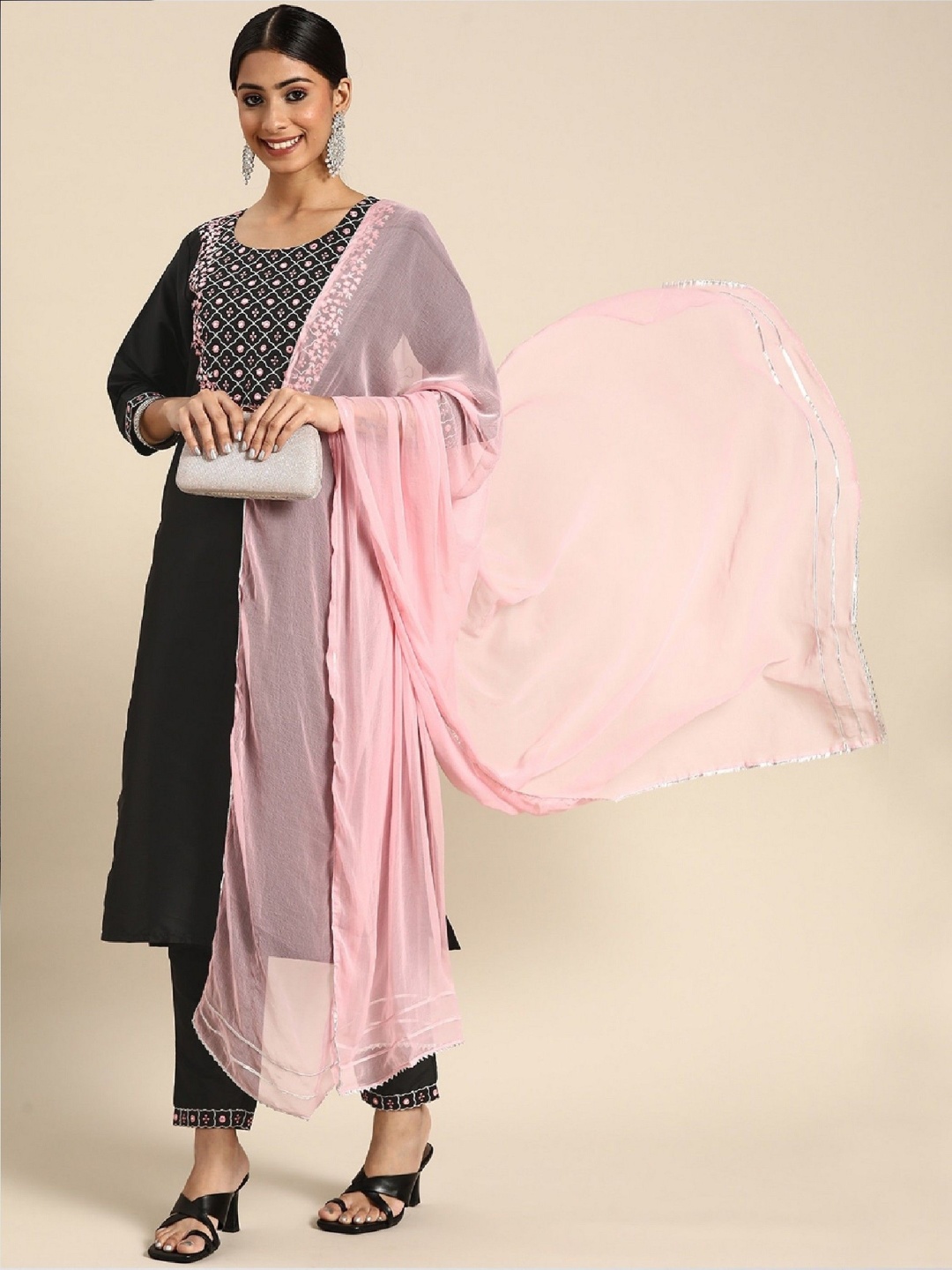 

Lookmark Ethnic Motifs Yoke Design Thread Work Kurta With Trouser And Dupatta, Black