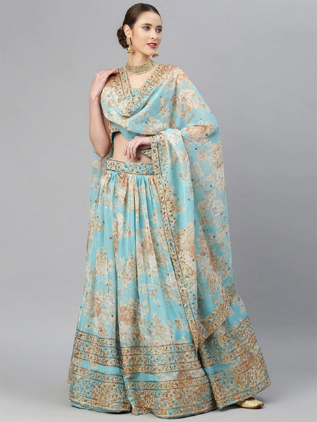 

DIVINE EXIM Embroidered Sequinned Semi-Stitched Lehenga & Unstitched Blouse With Dupatta, Blue