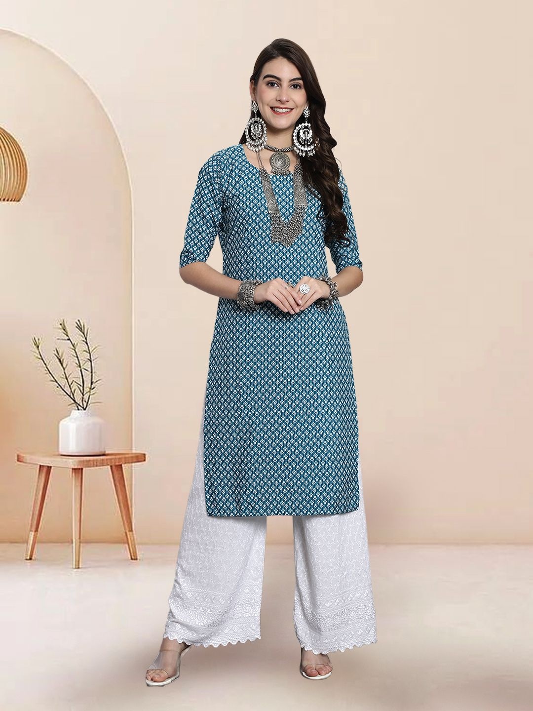 

7Threads Selection Of 3 Floral Printed Round Neck Straight Kurtas, Teal