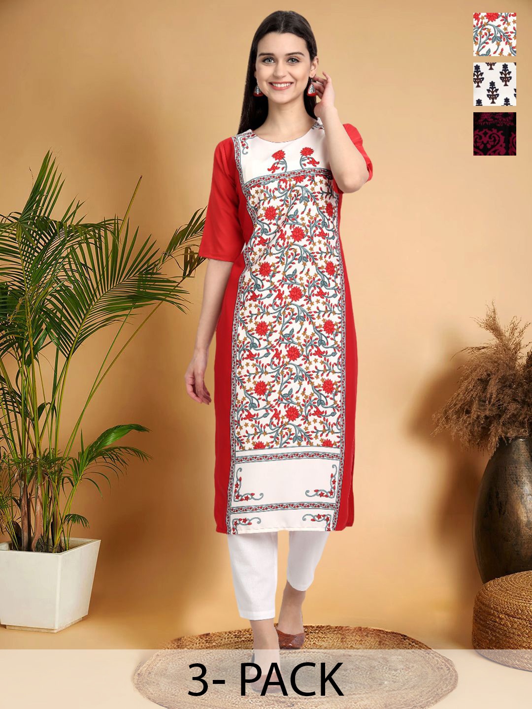 

7Threads Selection Of 3 Floral Printed Straight Kurtas, Red