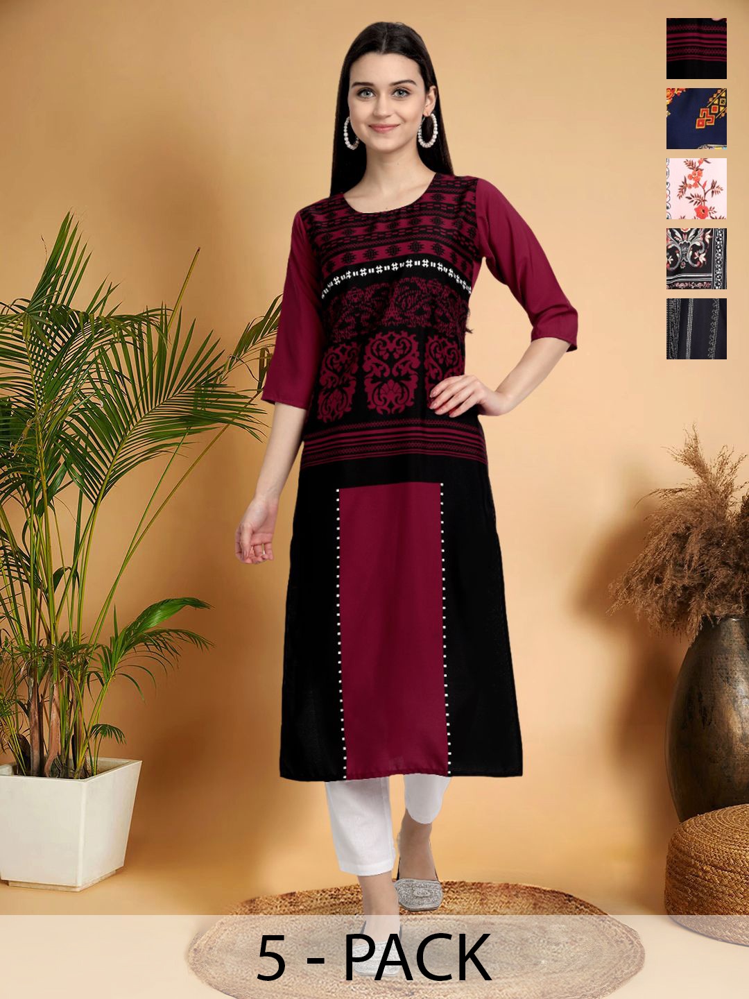 

7Threads Selection Of 5 Ethnic Motifs Printed Round Neck Straight Kurtas, Red