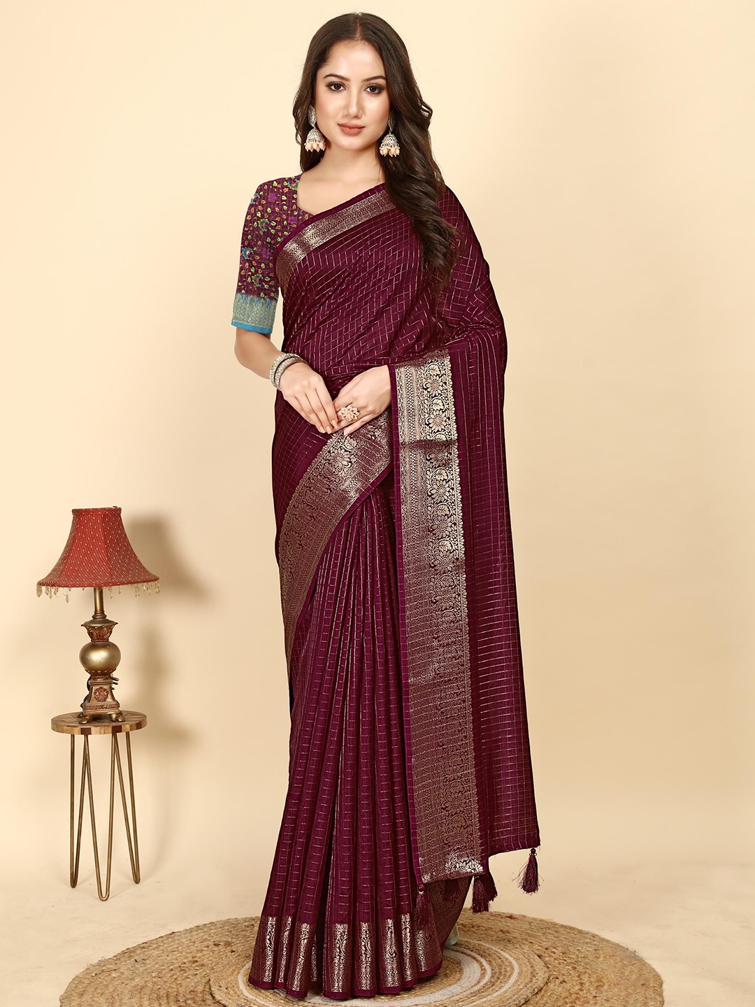 

J 6 DESIGNER Woven Design Zari Art Silk Block Print Saree, Maroon