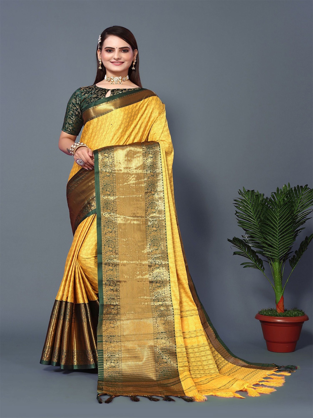 

A TO Z CART Woven Design Zari Silk Blend Banarasi Saree, Yellow