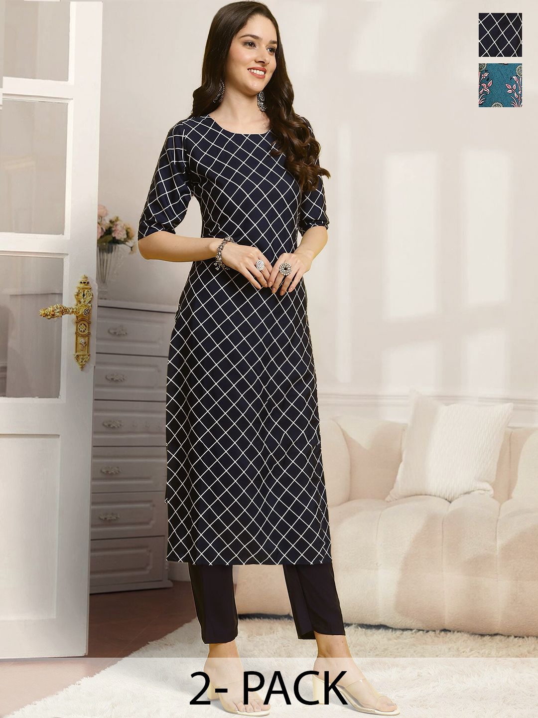 

7Threads Selection Of 2 Geometric Printed Straight Kurta with Trousers, Black