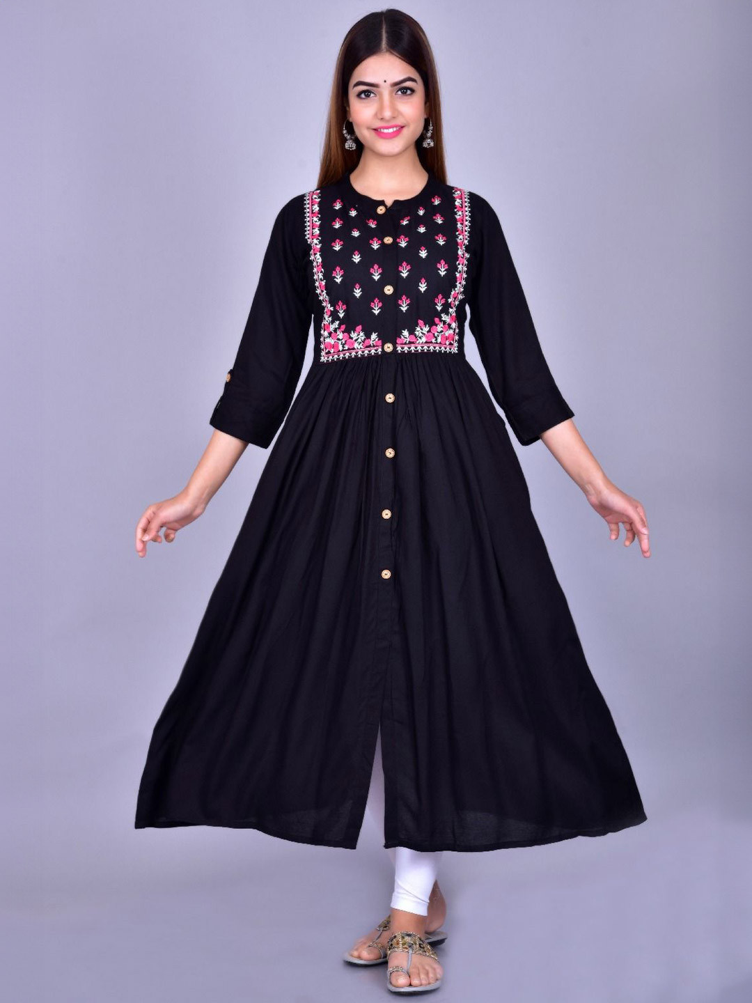 

PALSIYA PRESENTS Floral Embroidered Round Neck A-Line Kurta, Black