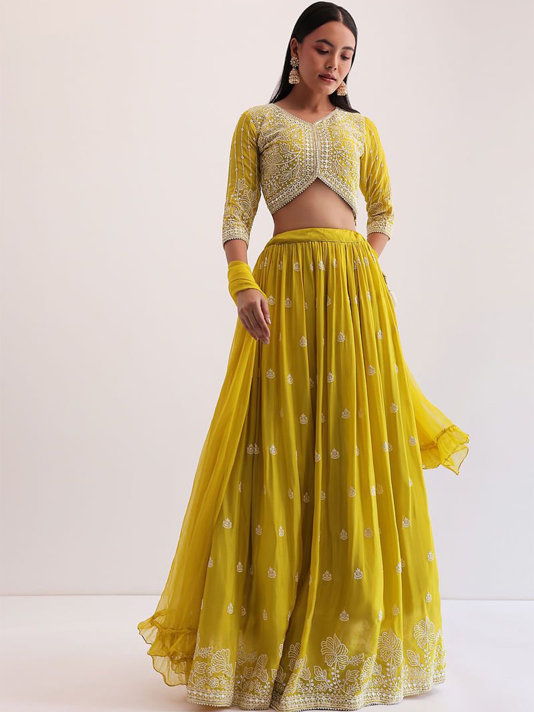 

JIHU CULTURE Embroidered Sequinned Semi-Stitched Lehenga & Unstitched Blouse With Dupatta, Yellow