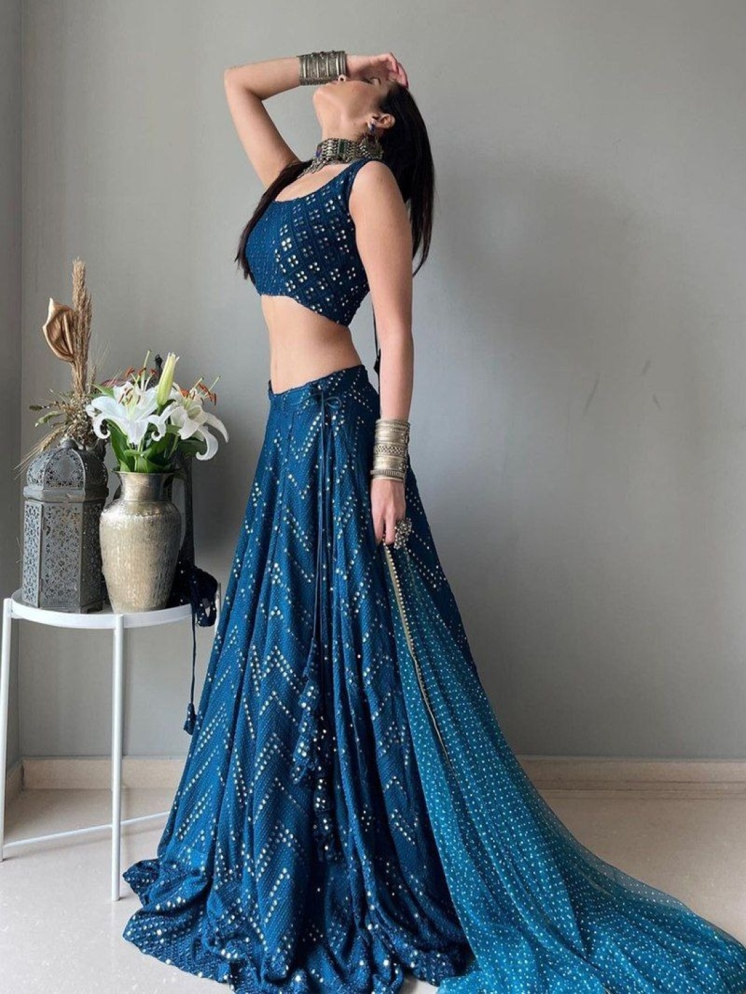 

Rujave Embellished Thread Work Semi-Stitched Lehenga & Unstitched Blouse With Dupatta, Blue