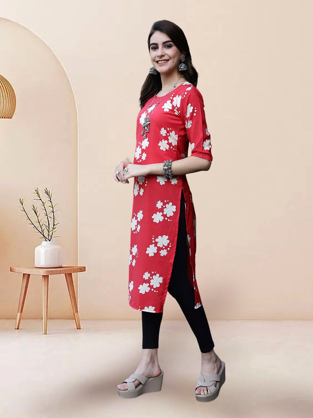 

7Threads Selection Of 3 Floral Printed Round Neck Straight Kurtas, Red