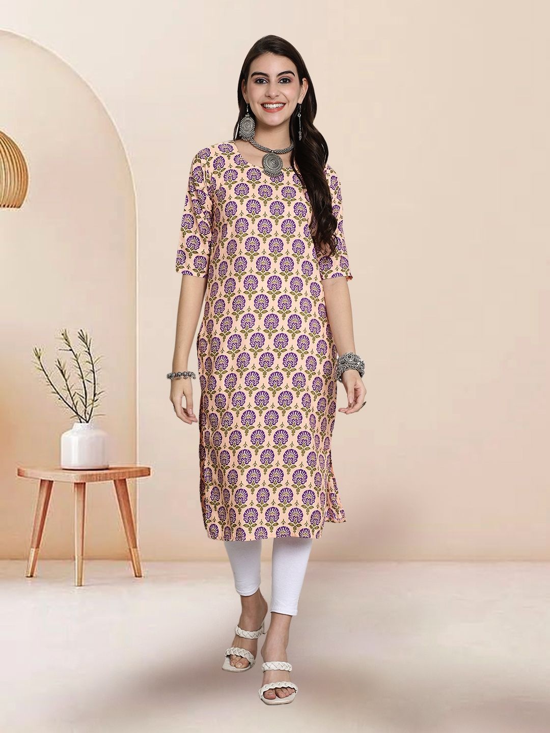 

7Threads Selection Of 6 Ethnic Motifs Printed Round Neck Kurtas, Beige