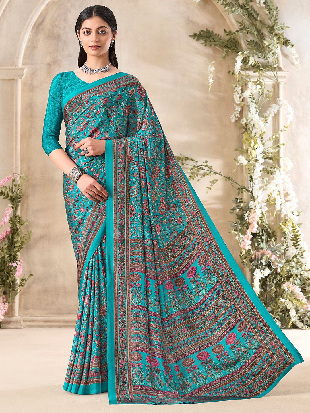 

Panzora Floral Poly Crepe Saree, Blue