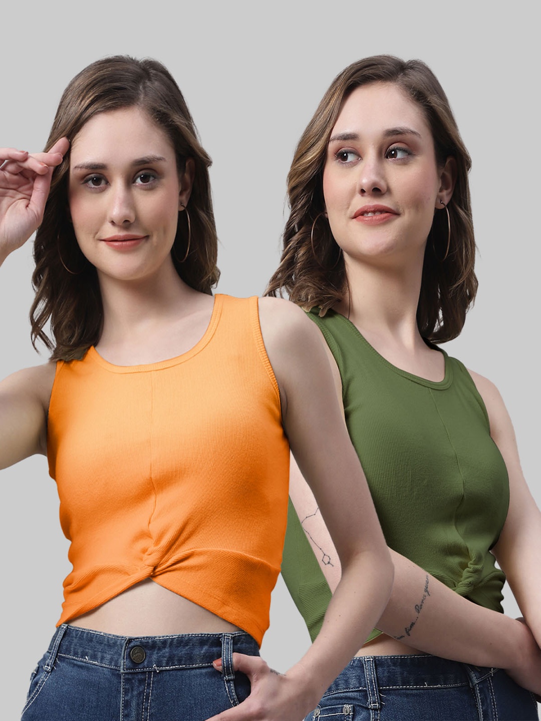 

FBAR Pack Of 2 Cotton Knoted Detail Fitted Crop Top, Orange