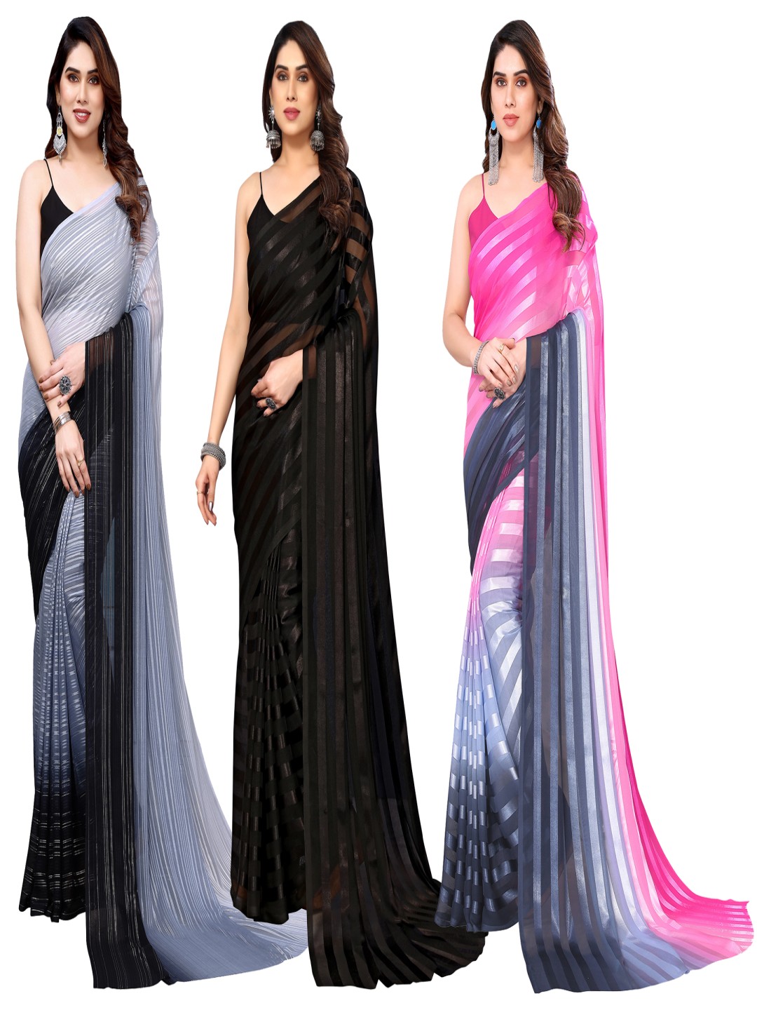

ANAND SAREES Striped Satin Saree, Black