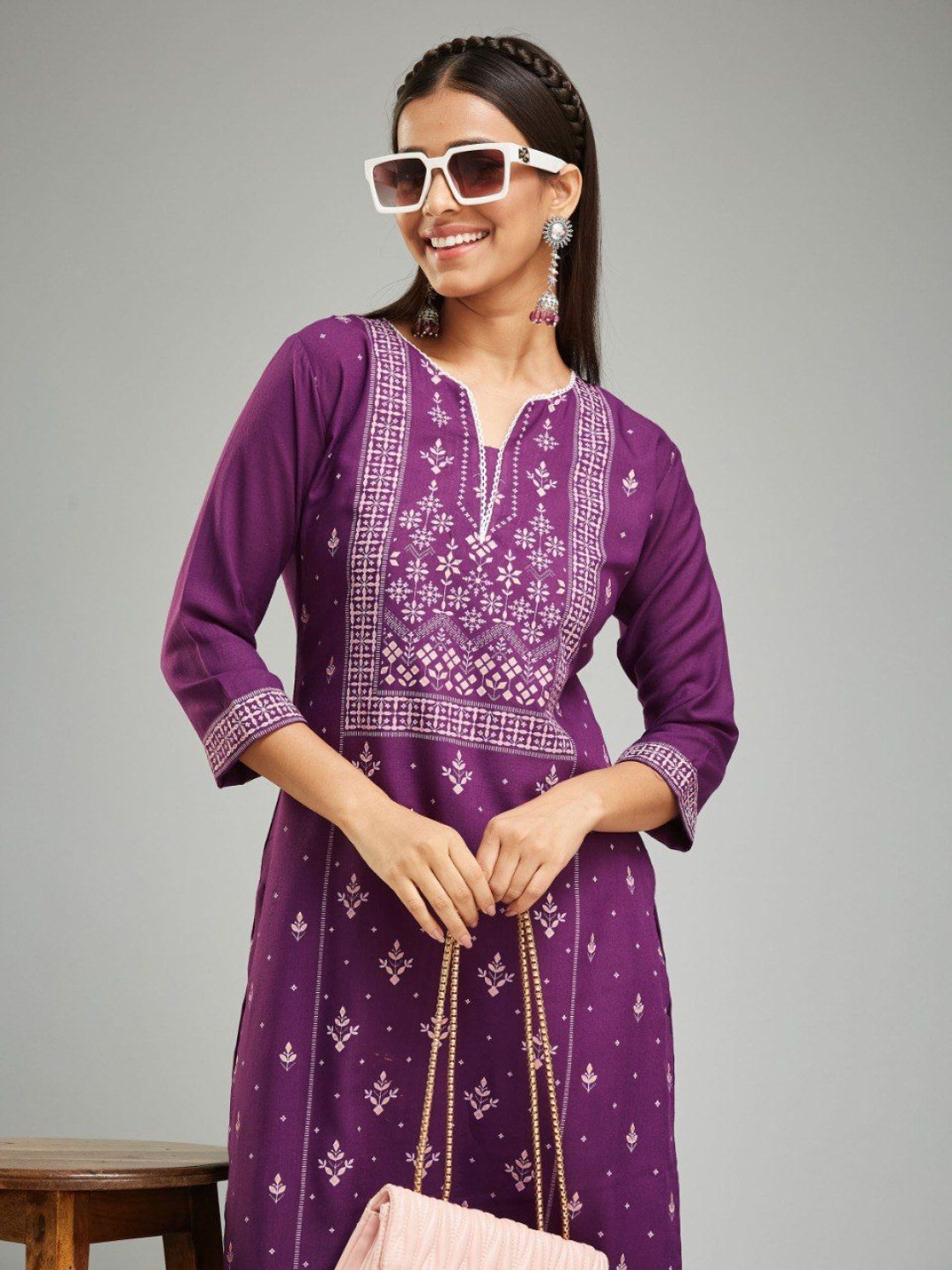 

A TO Z CART Ethnic Motifs Printed Notch Neck Chanderi Silk Straight Kurta With Trouser, Purple