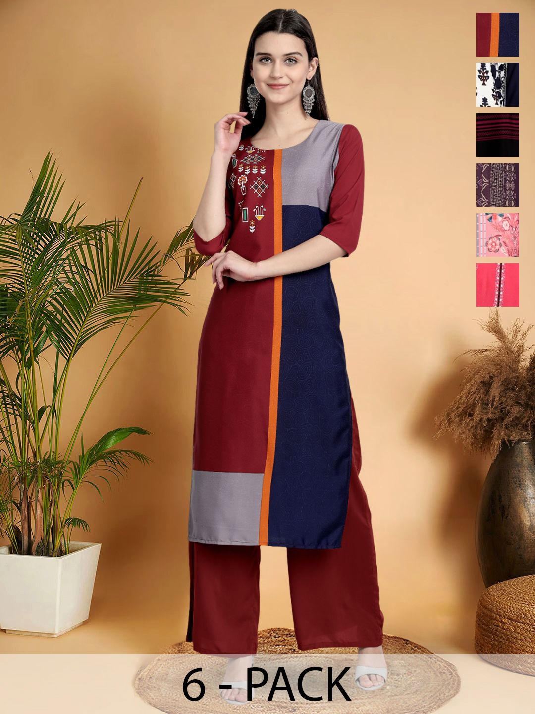 

7Threads Selection Of 6 Colourblocked Round Neck Straight Kurtas, Maroon