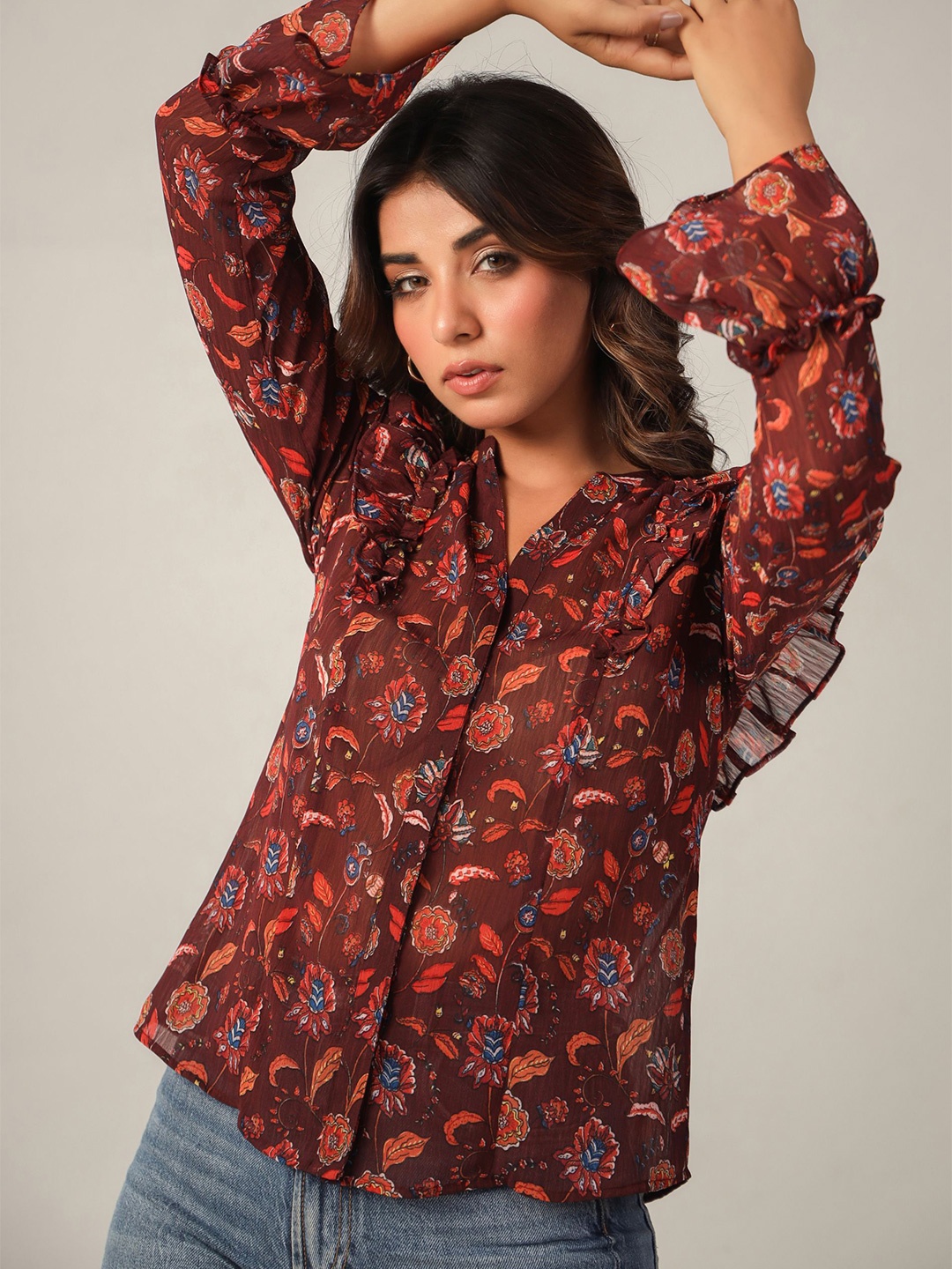 

June 9 Clothing Women Classic Fit Floral Printed Casual Shirt, Brown