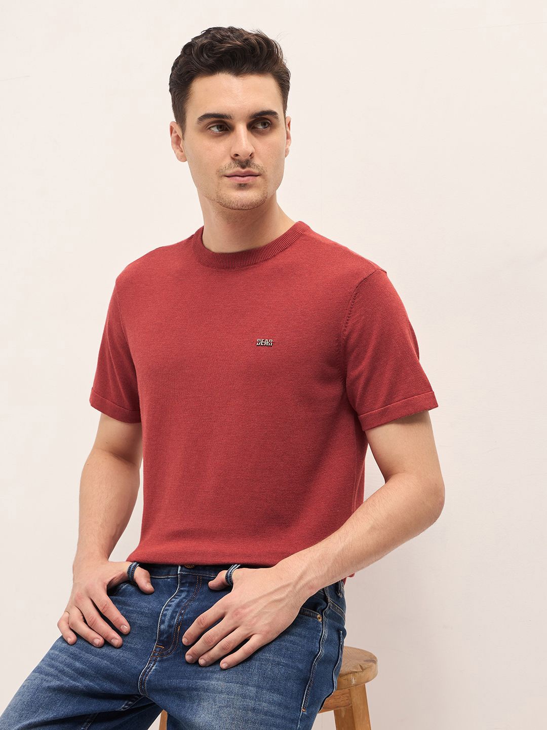 

THE BEAR HOUSE Men Solid Round Neck Cotton T-shirt, Rust