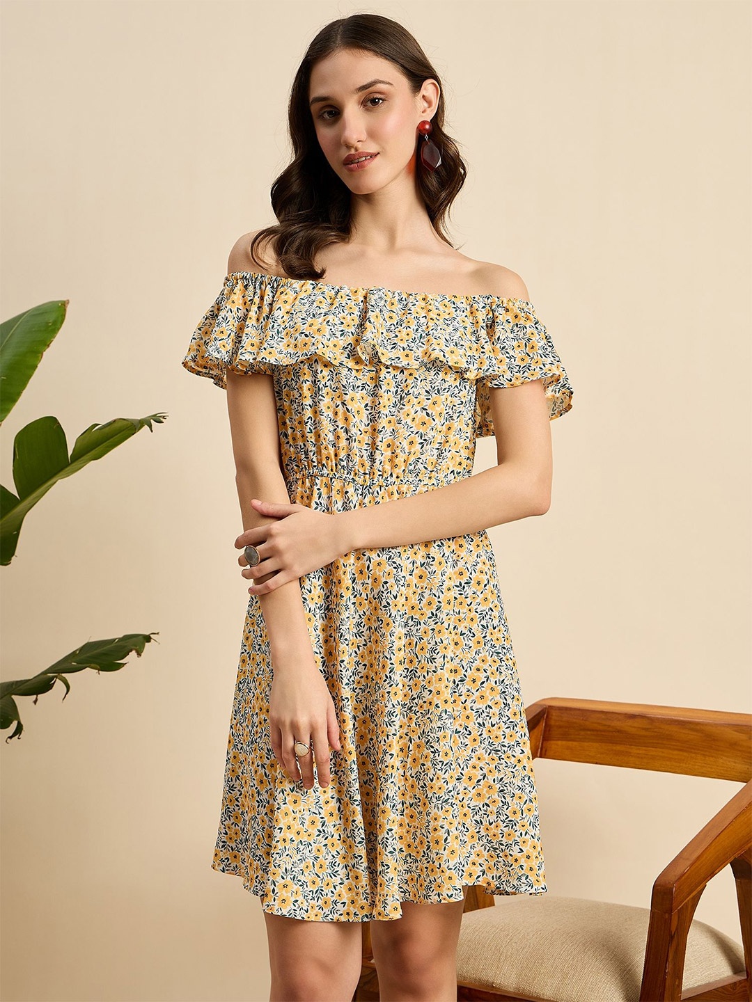 

Mast & Harbour Floral Print Off-Shoulder Crepe A-Line Dress, Yellow