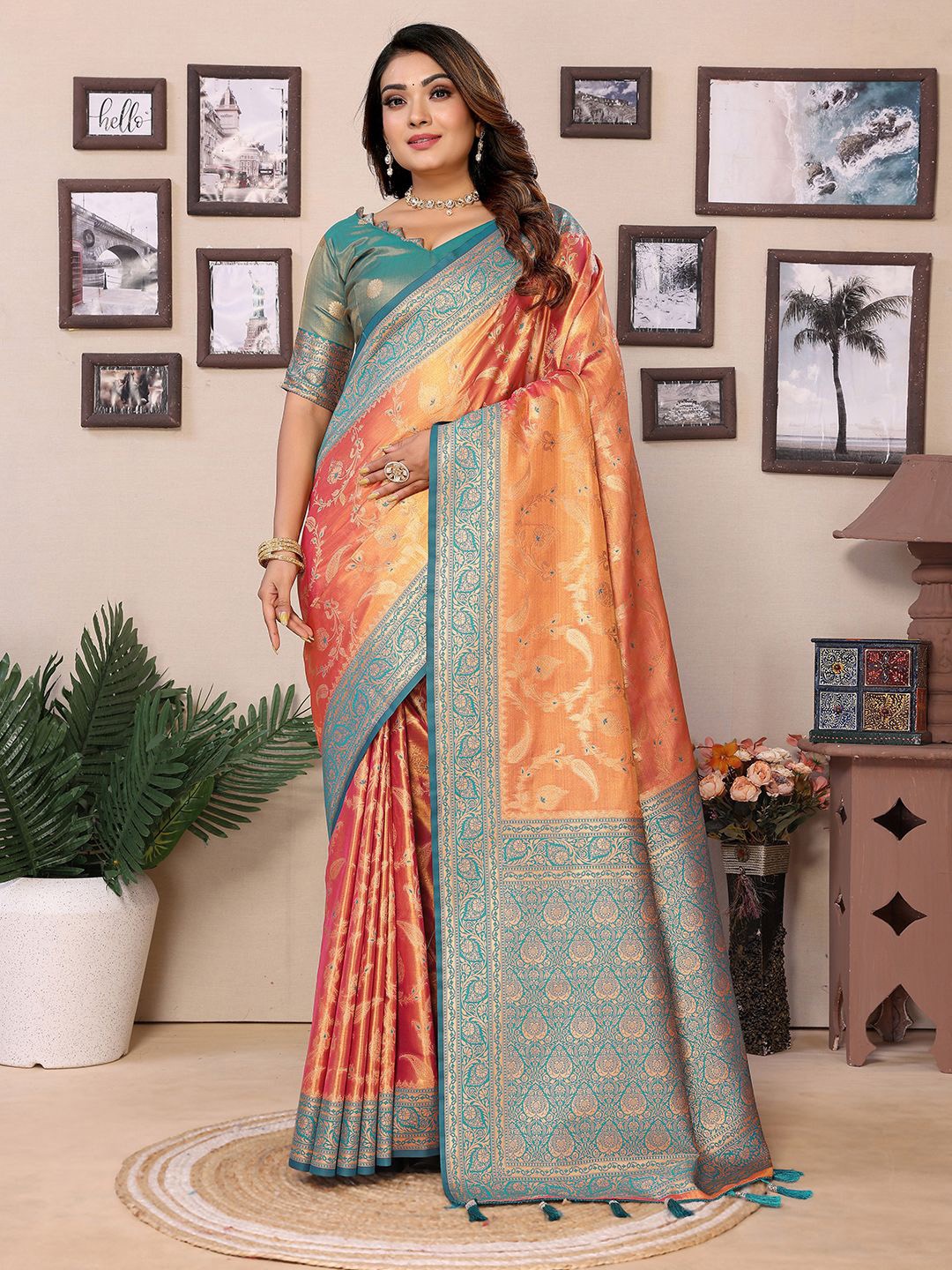 

Panzora Floral Zari Silk Blend Banarasi Saree, Orange