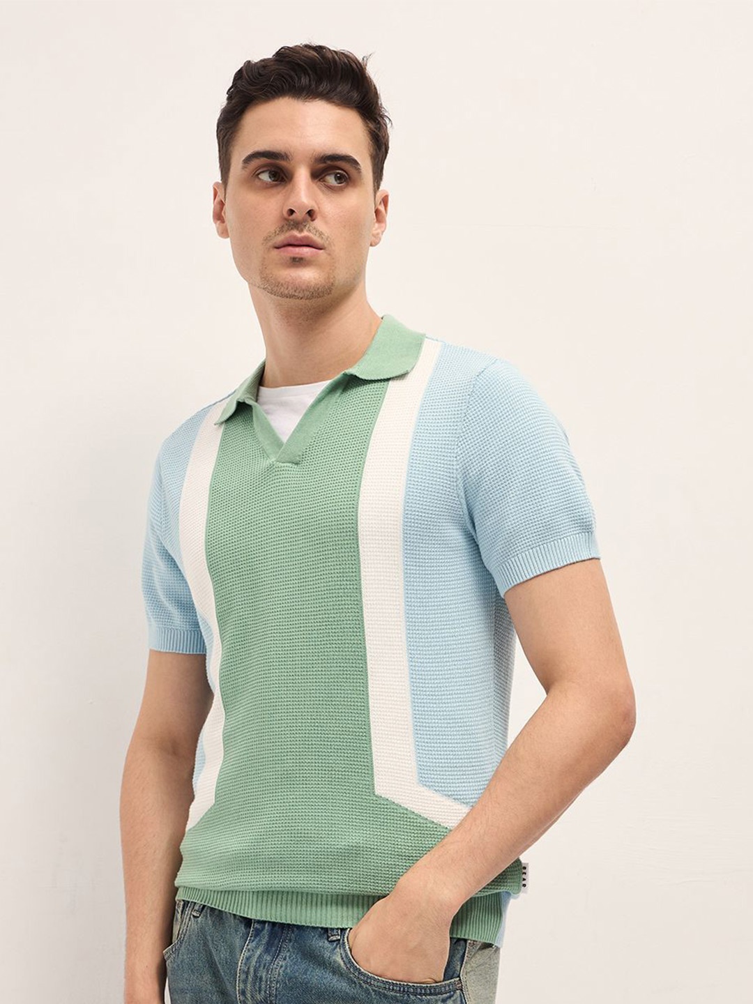 

THE BEAR HOUSE Men Colourblocked Polo Collar Cotton Slim Fit T-shirt, Green