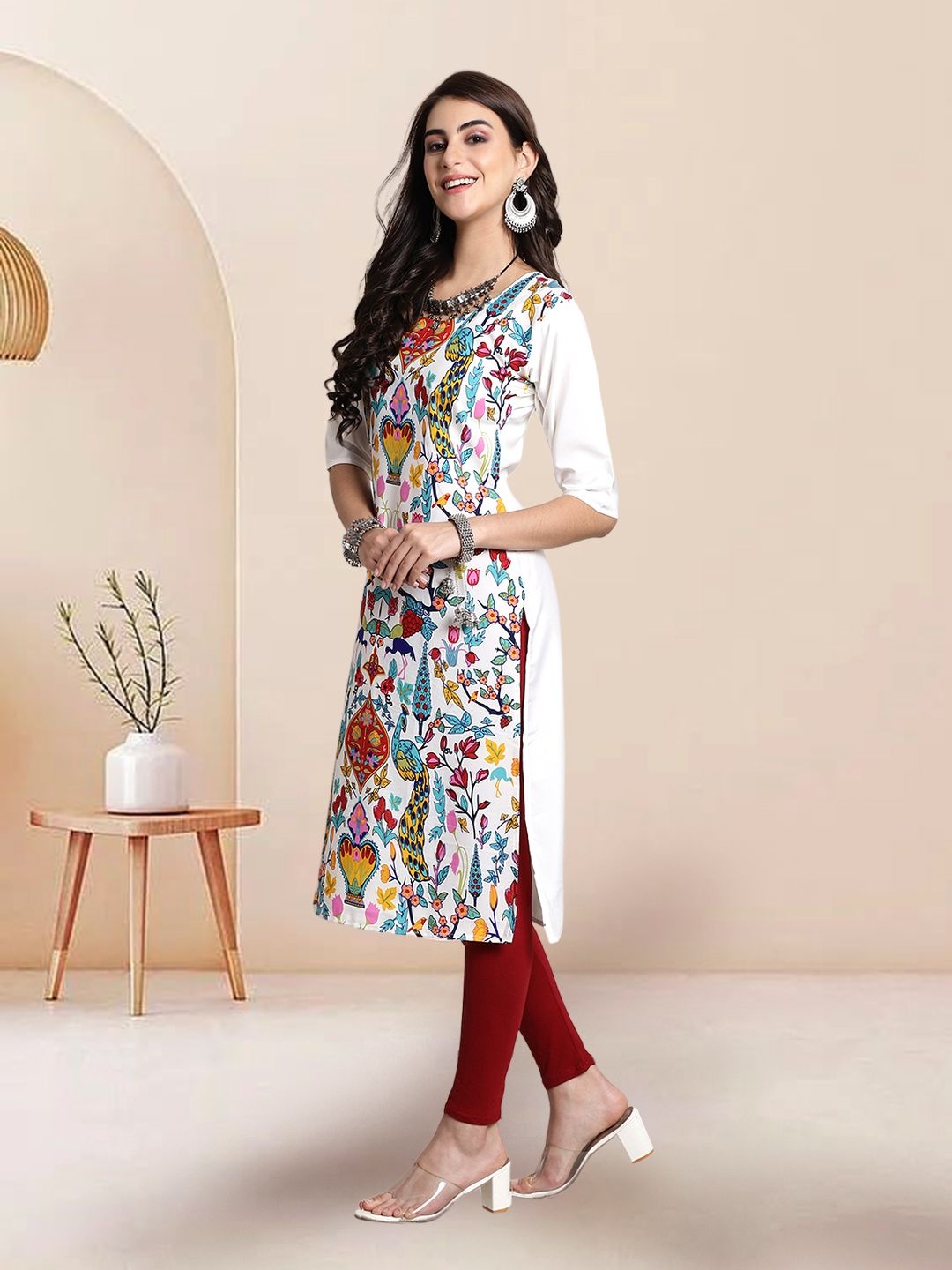 

7Threads Selection Of 4 Ethnic Motifs Printed Round Neck Straight Kurtas, White