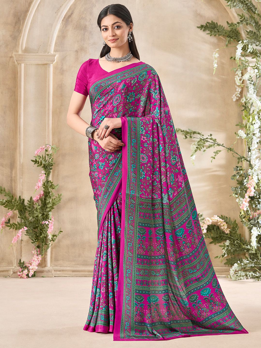 

Panzora Floral Poly Crepe Designer Saree, Pink