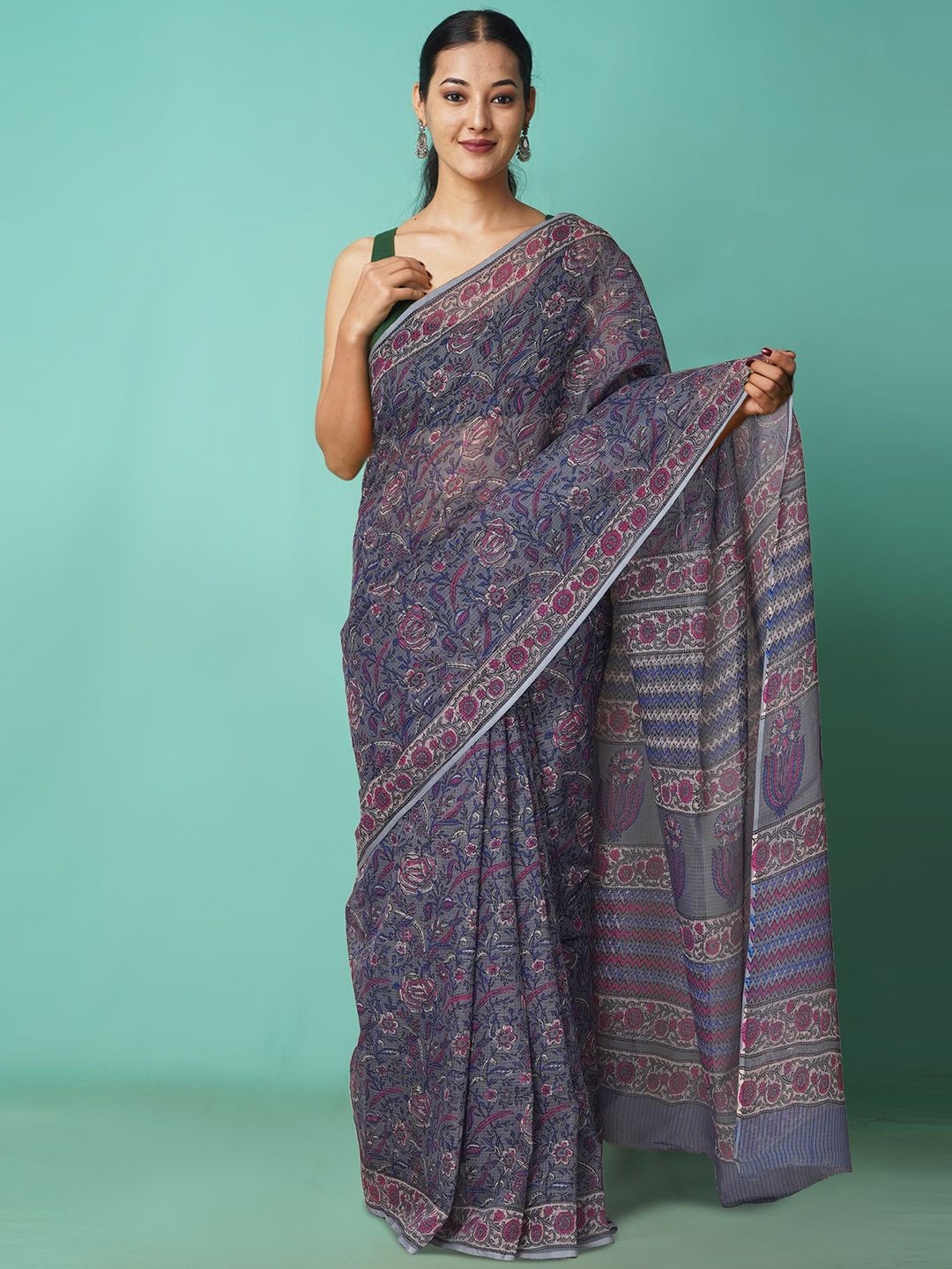 

Unnati Silks Floral Net Handloom Kota Saree, Grey