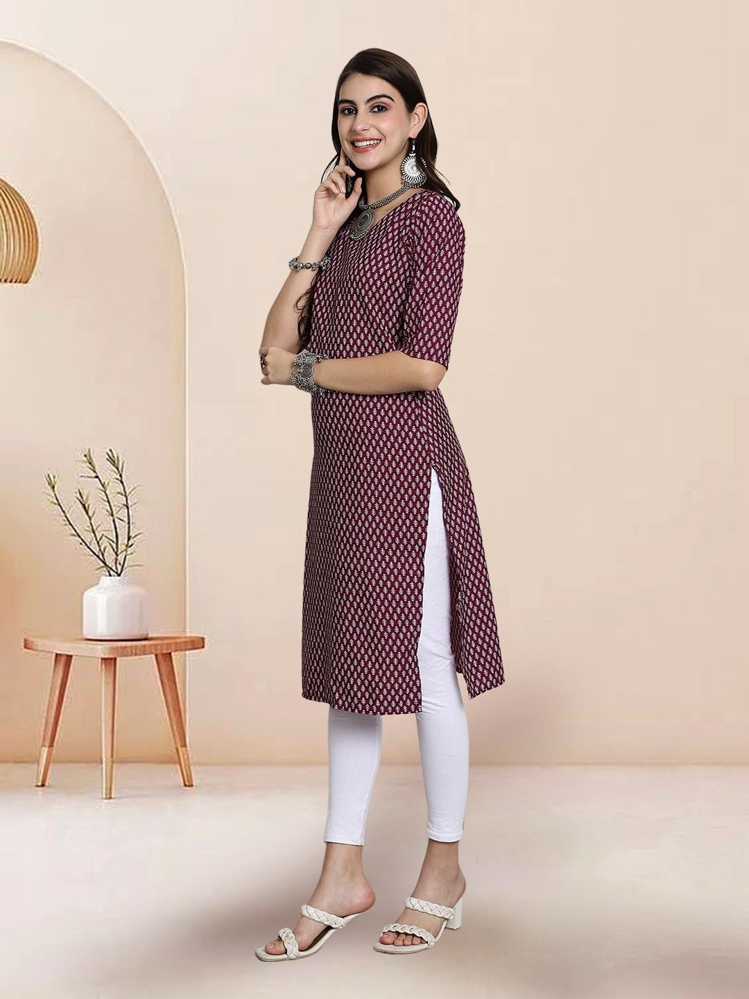 

7Threads Selection of 3 Ethnic Motifs Printed Round Neck Straight Kurtas, Maroon