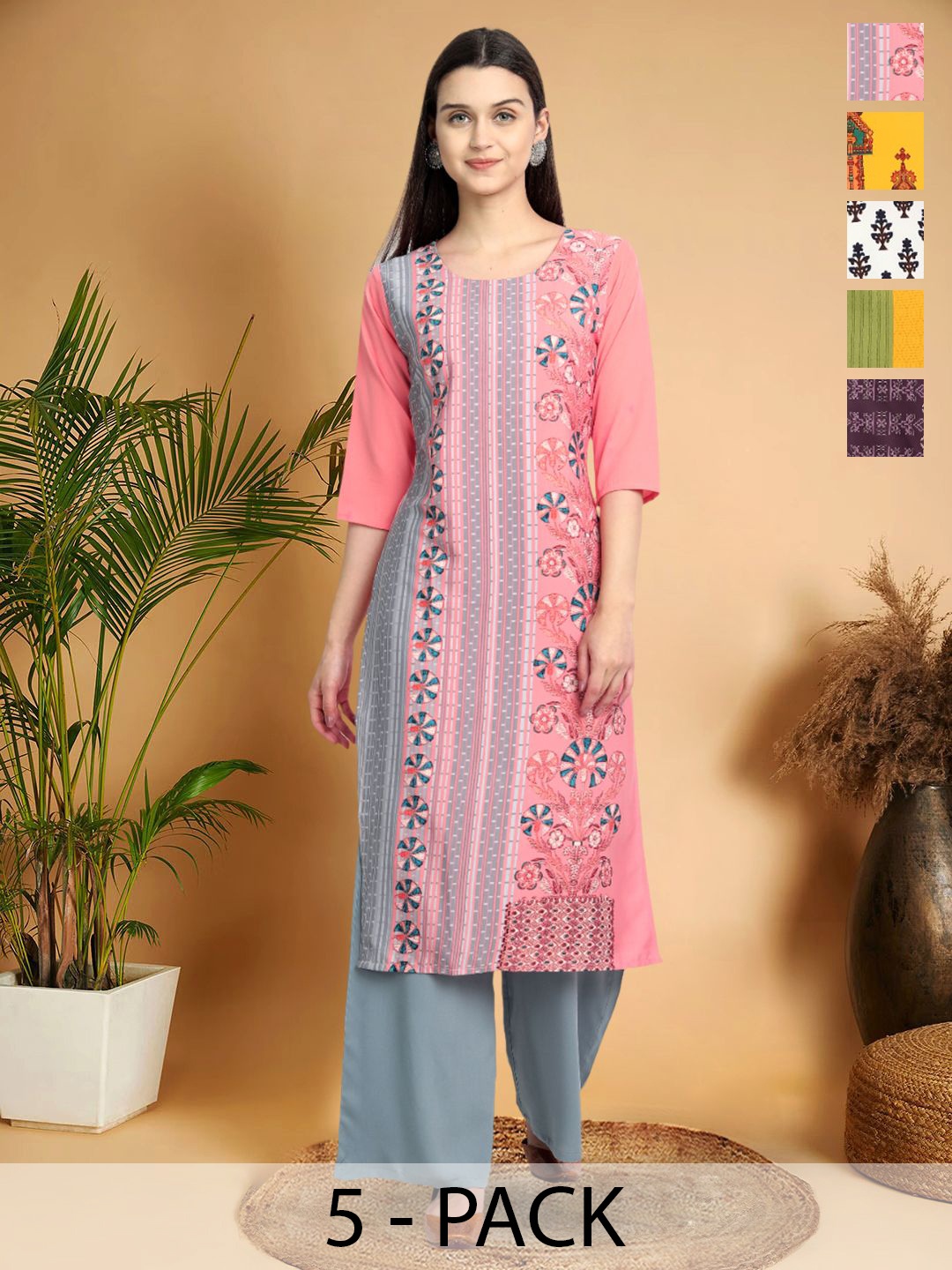 

7Threads Selection Of 5 Ethnic Motifs Printed Straight Kurtas, Pink