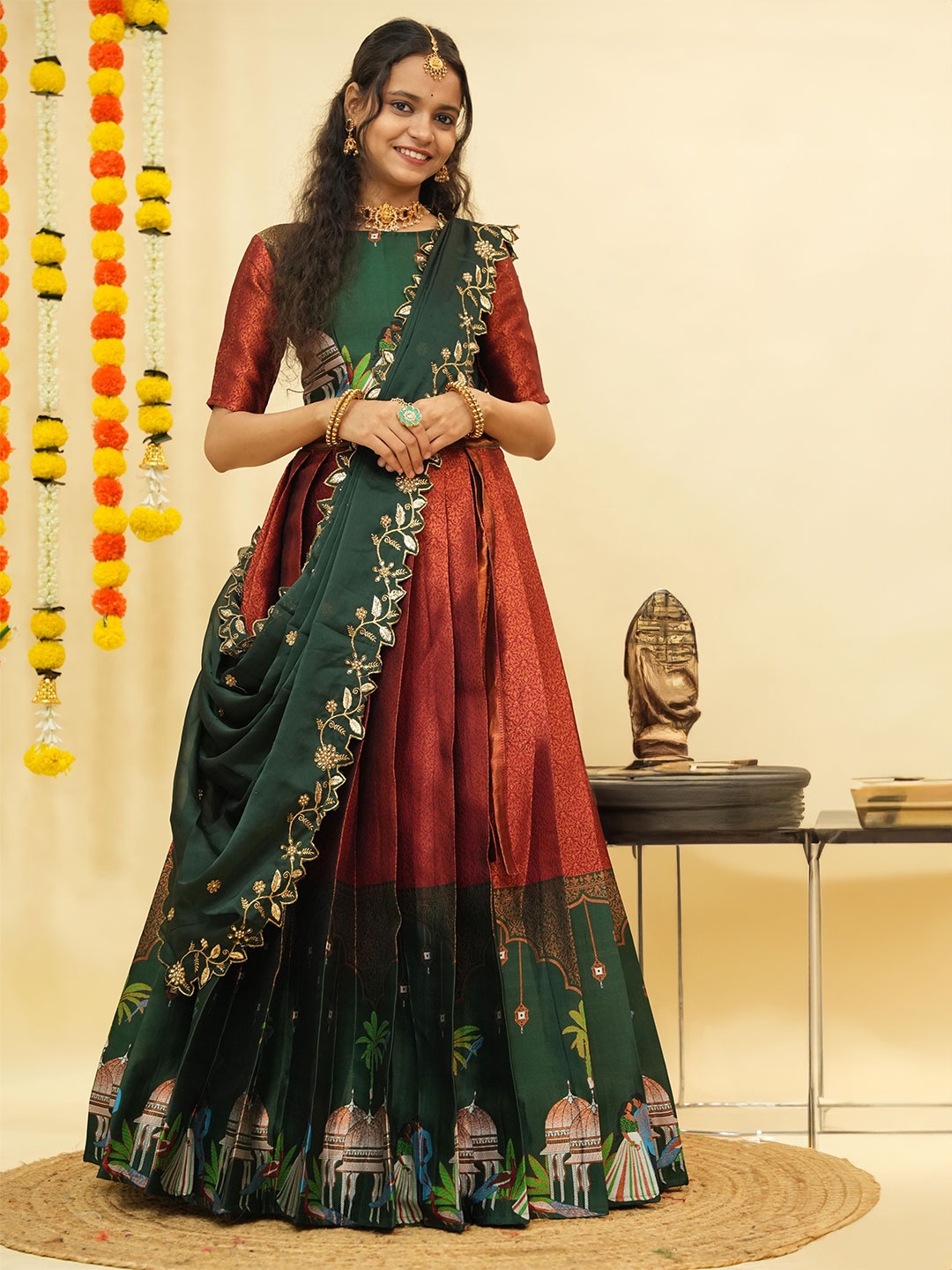 

Fabcartz Embroidered Semi-Stitched Lehenga & Unstitched Blouse With Dupatta, Maroon