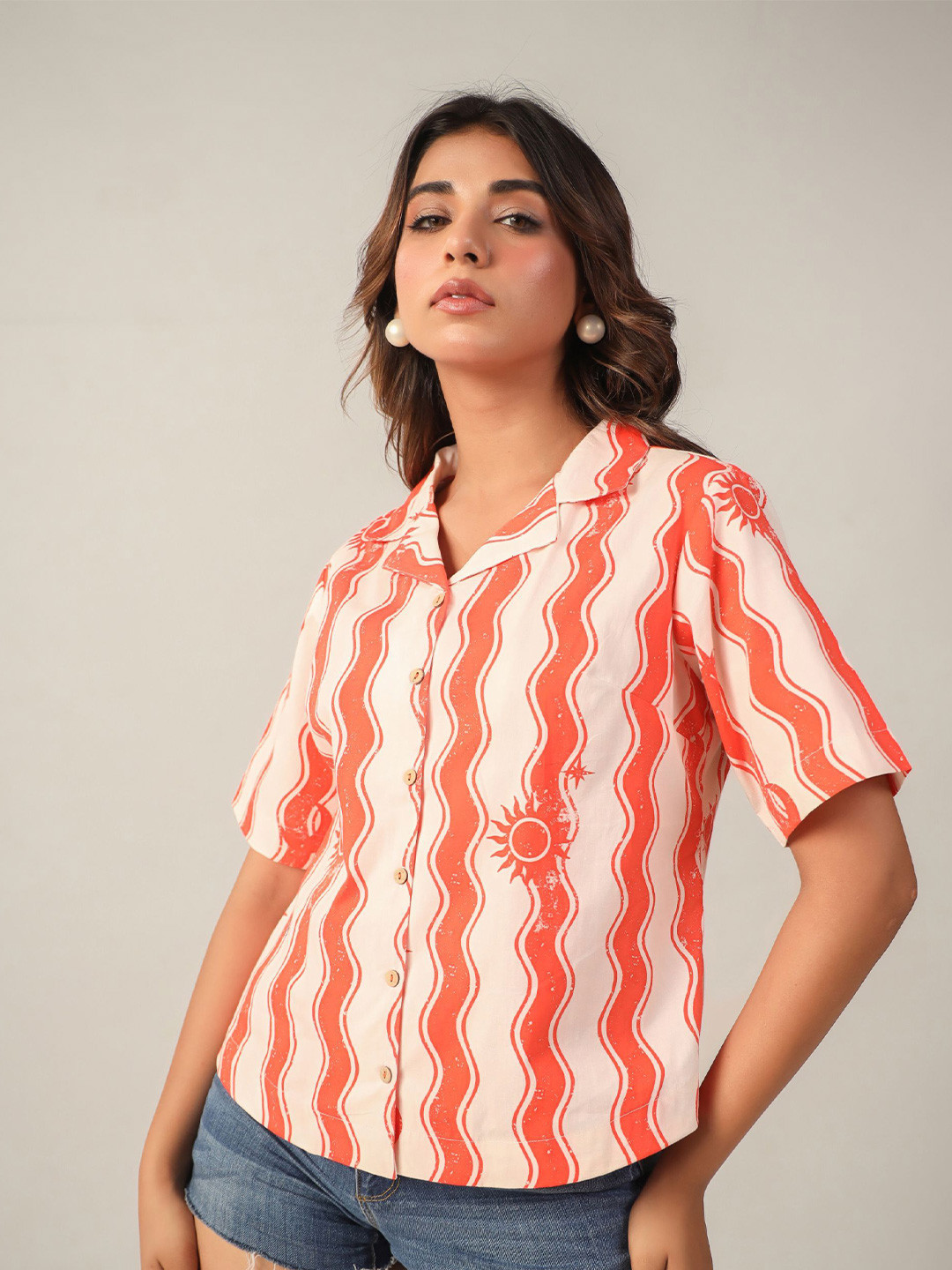 

June 9 Clothing Women Classic Boxy Fit Cuban Collar Multi Striped Cotton Casual Shirt, Red