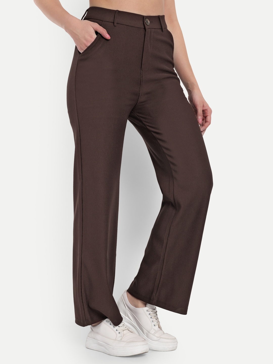 

Next One Women Smart Straight Fit High-Rise Easy Wash Corduroy Trousers, Brown