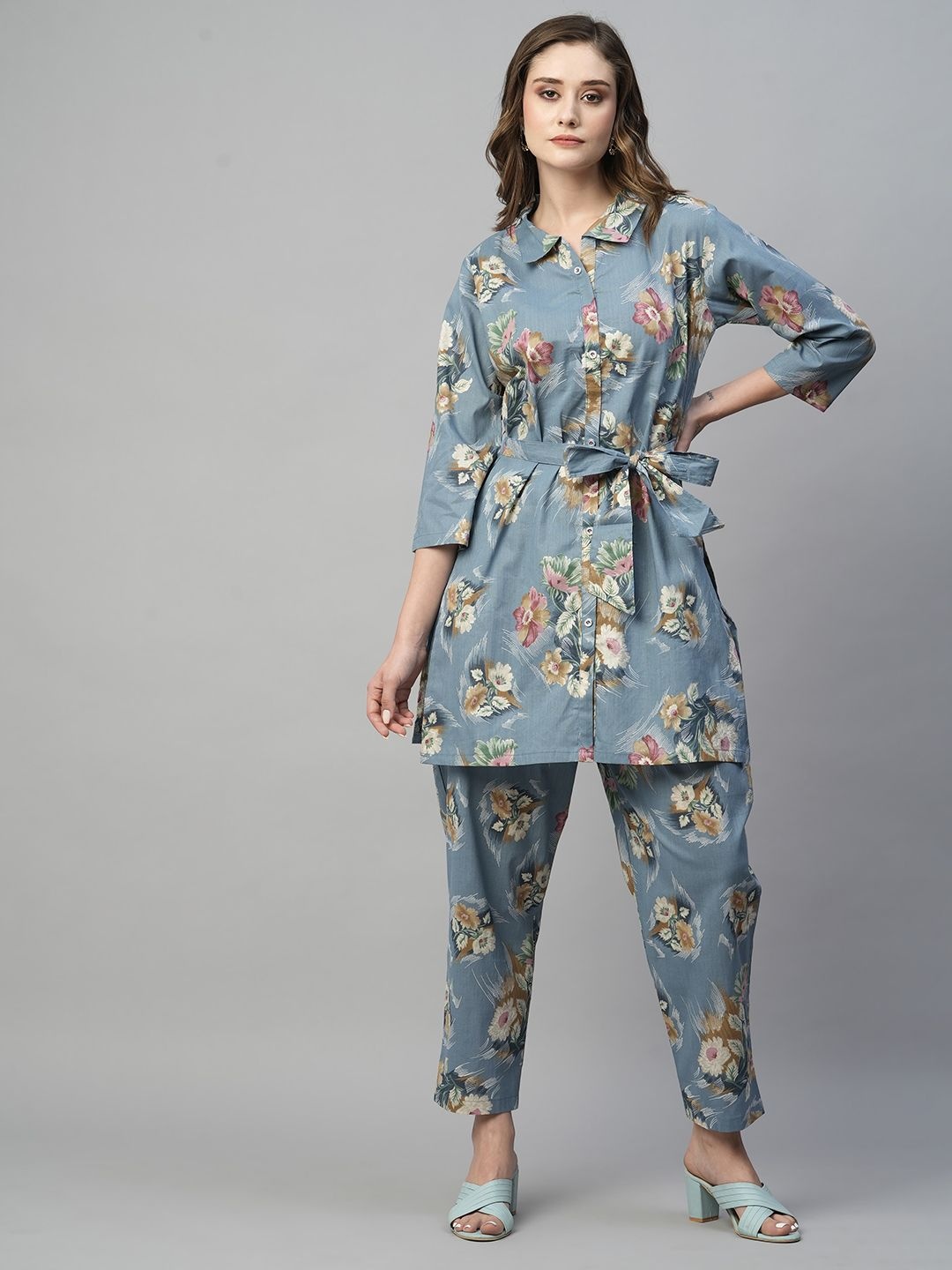 

Moda Rapido Floral Printed Mandarin Collar Pure Cotton Tunic With Trouser, Grey