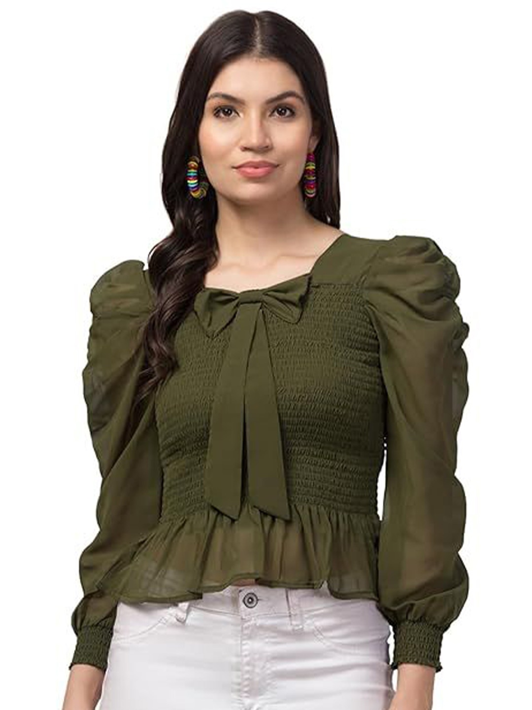 

My Swag Smocked Georgette Top, Green