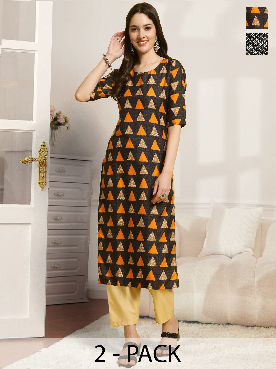 

7Threads Selection Of 2 Geometric Printed Straight Kurtas With Trousers, Black