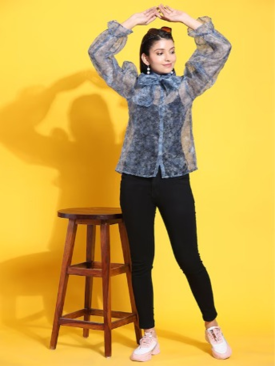 

Rujave Abstract Printed Tie Up Neck Puff Sleeve Organza Shirt Style Top, Blue