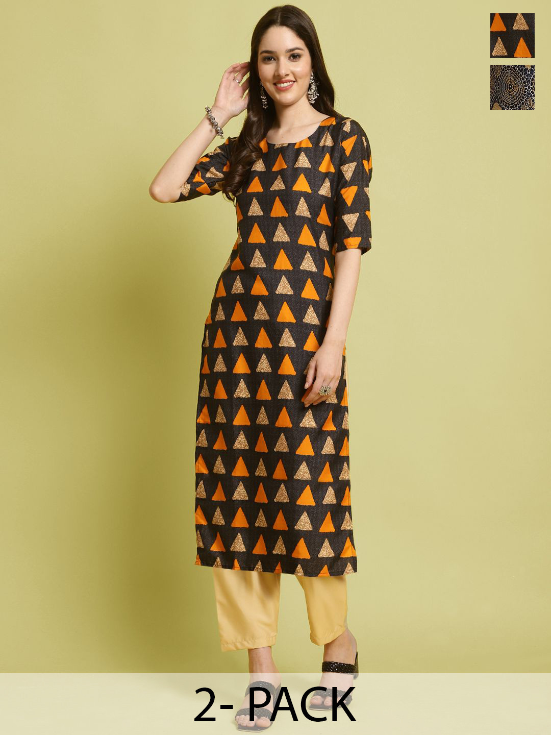 

7Threads Selection Of 2 Geometric Printed Round Neck Straight Kurta With Trousers, Black