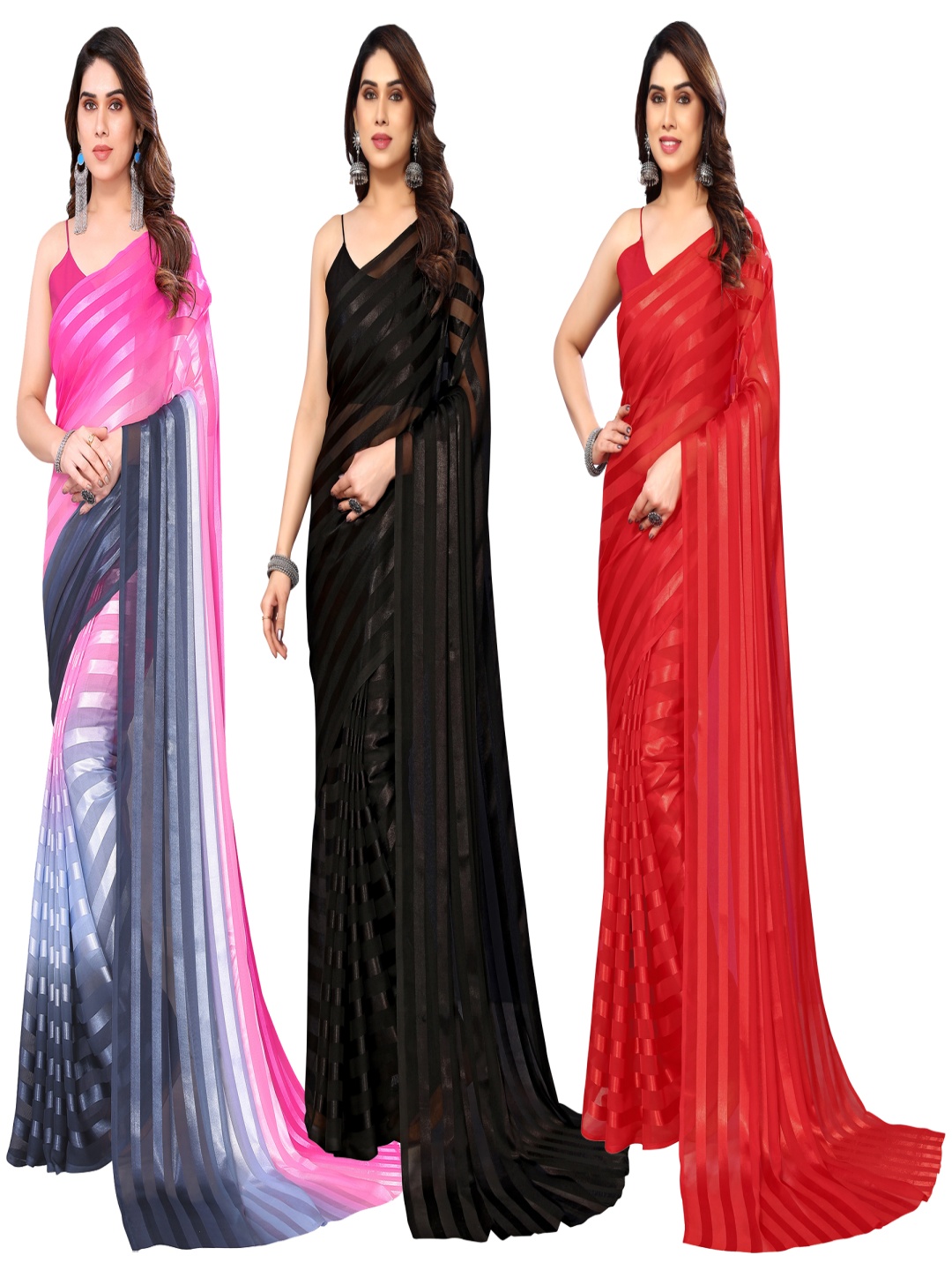 

ANAND SAREES Striped Satin Saree, Red