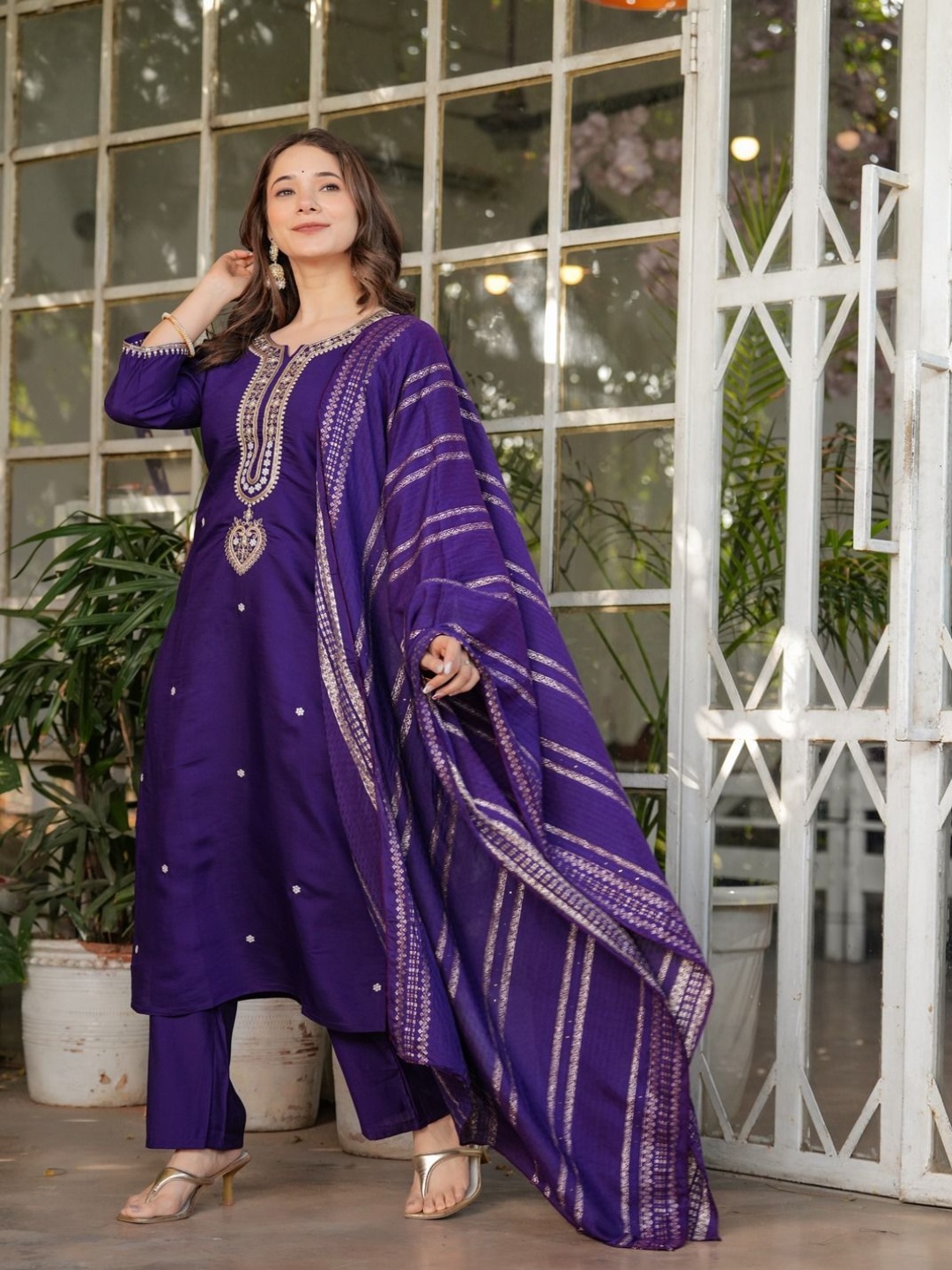 

KALINI Ethnic Motifs Embroidered Notch Neck Zari Straight Kurta With Trouser & Dupatta, Purple