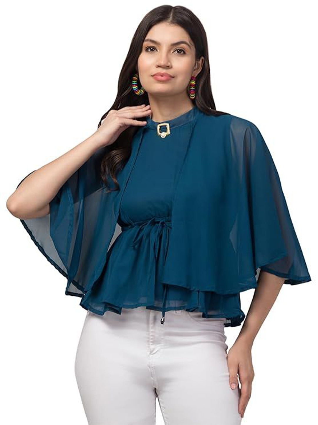 

My Swag Halter Neck Batwing Sleeve Georgette Top, Turquoise blue
