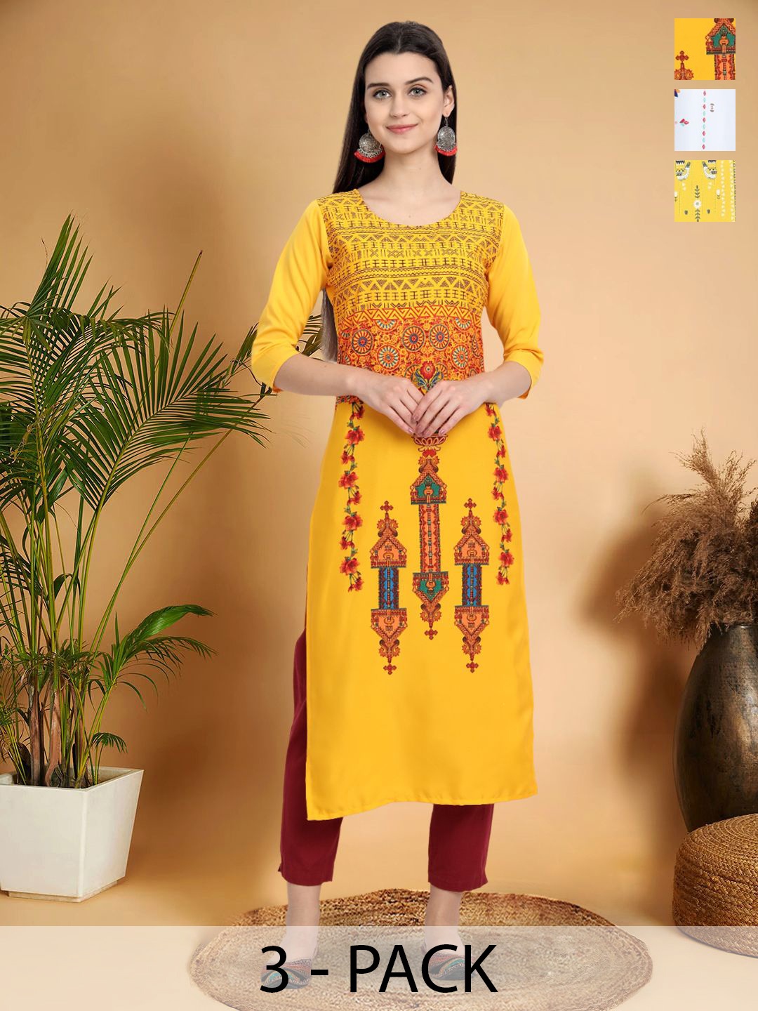 

7Threads Selection Of 3 Ethnic Motifs Printed Round Neck Straight Kurtas, Yellow