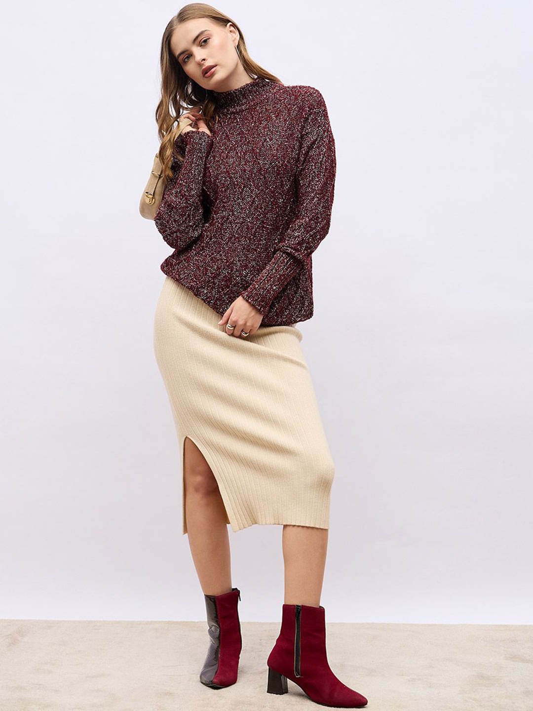 

Styli Women High Neck Regular Fit Texture Sweater, Brown
