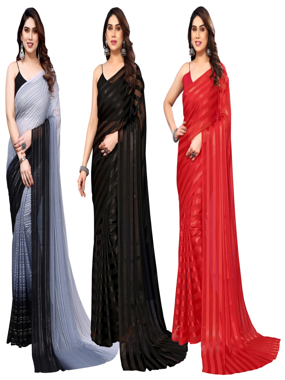 

ANAND SAREES Striped Satin Saree, Red