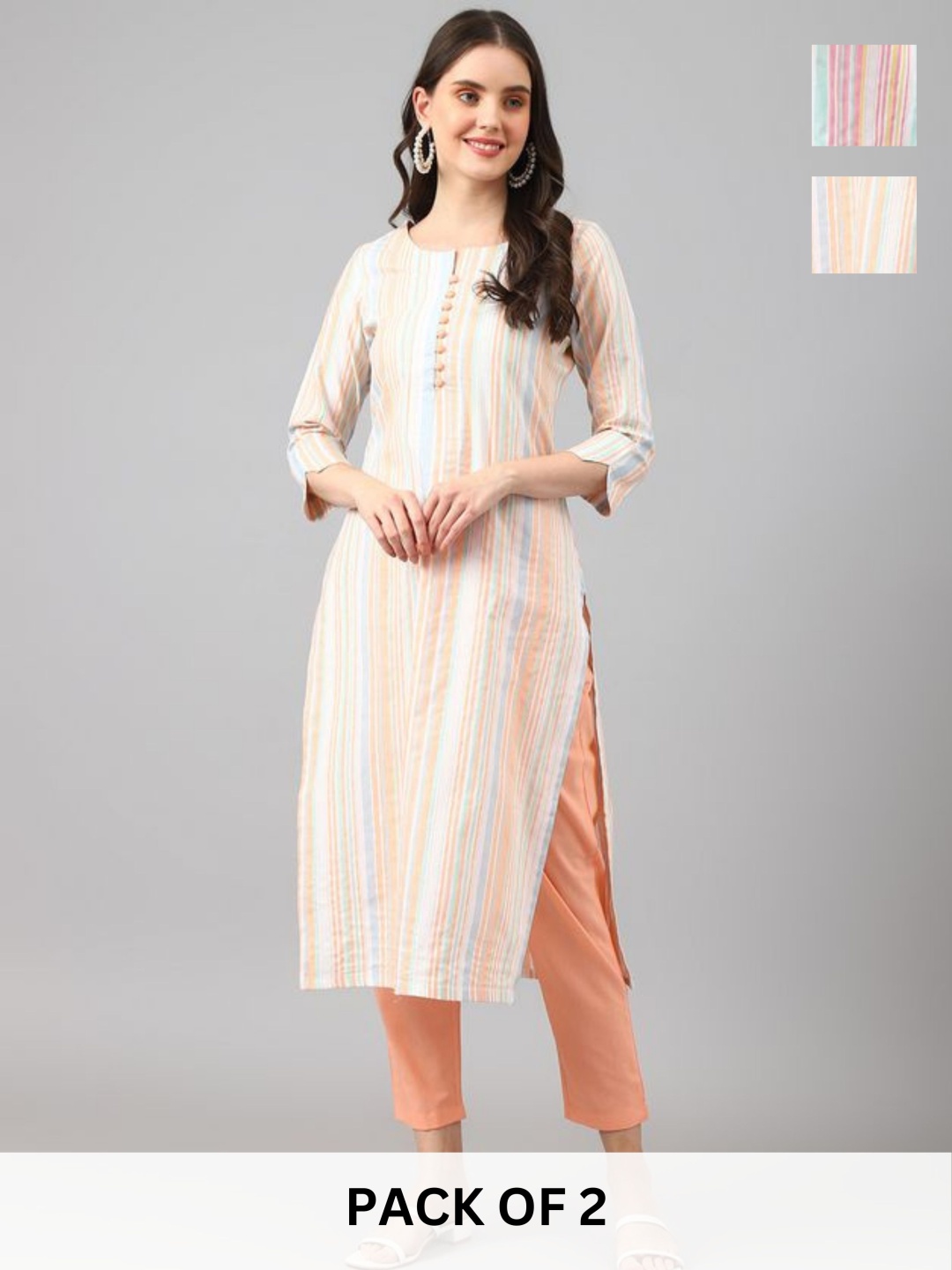 

KALINI Selection Of 2 Striped Notch Neck Straight Kurtas With Trousers, Peach