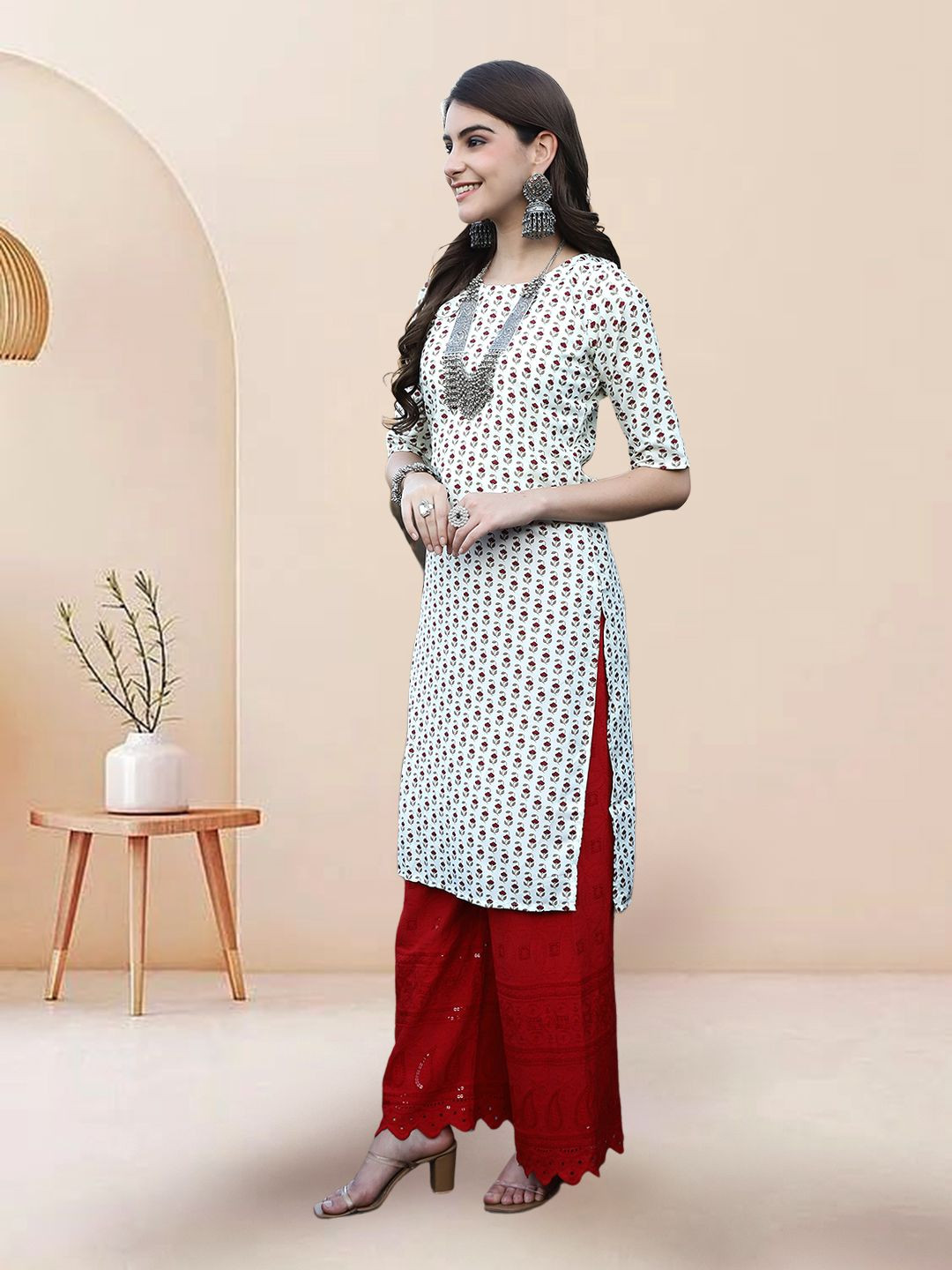 

7Threads Selection Of 3 Floral Printed Round Neck Straight Kurtas, Red