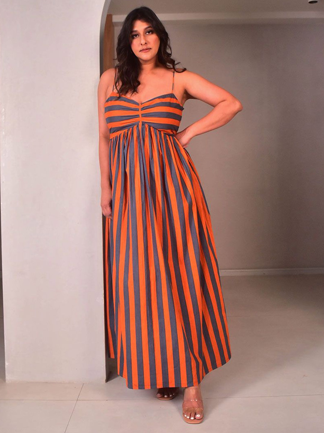 

WHY SO BLUE Striped Maxi Midi Dress, Orange