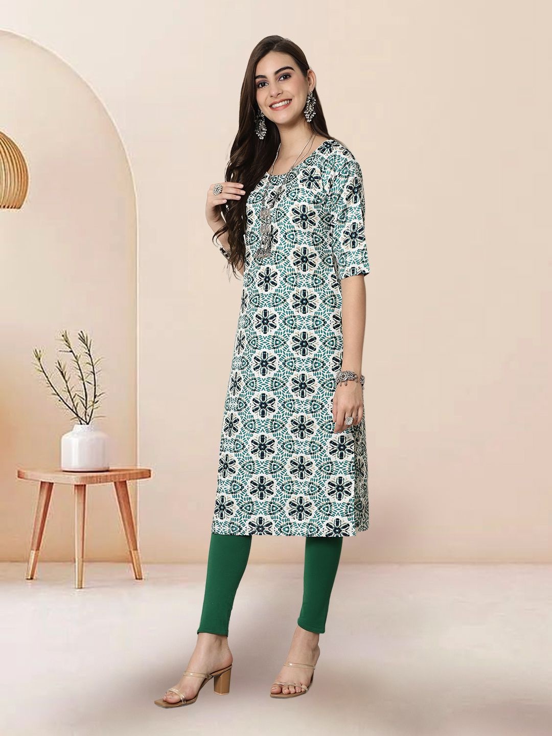 

7Threads Selection Of 3 Ethnic Motifs Printed Round Neck Straight Kurtas, Sea green