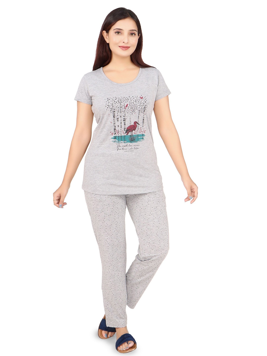 

CLINT Graphic Printed Round Neck T-Shirt With Pyjama, Grey