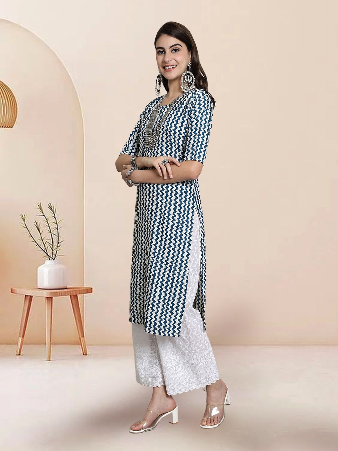 

7Threads Selection Of 3 Chevron Printed Round Neck Straight Kurtas, Blue